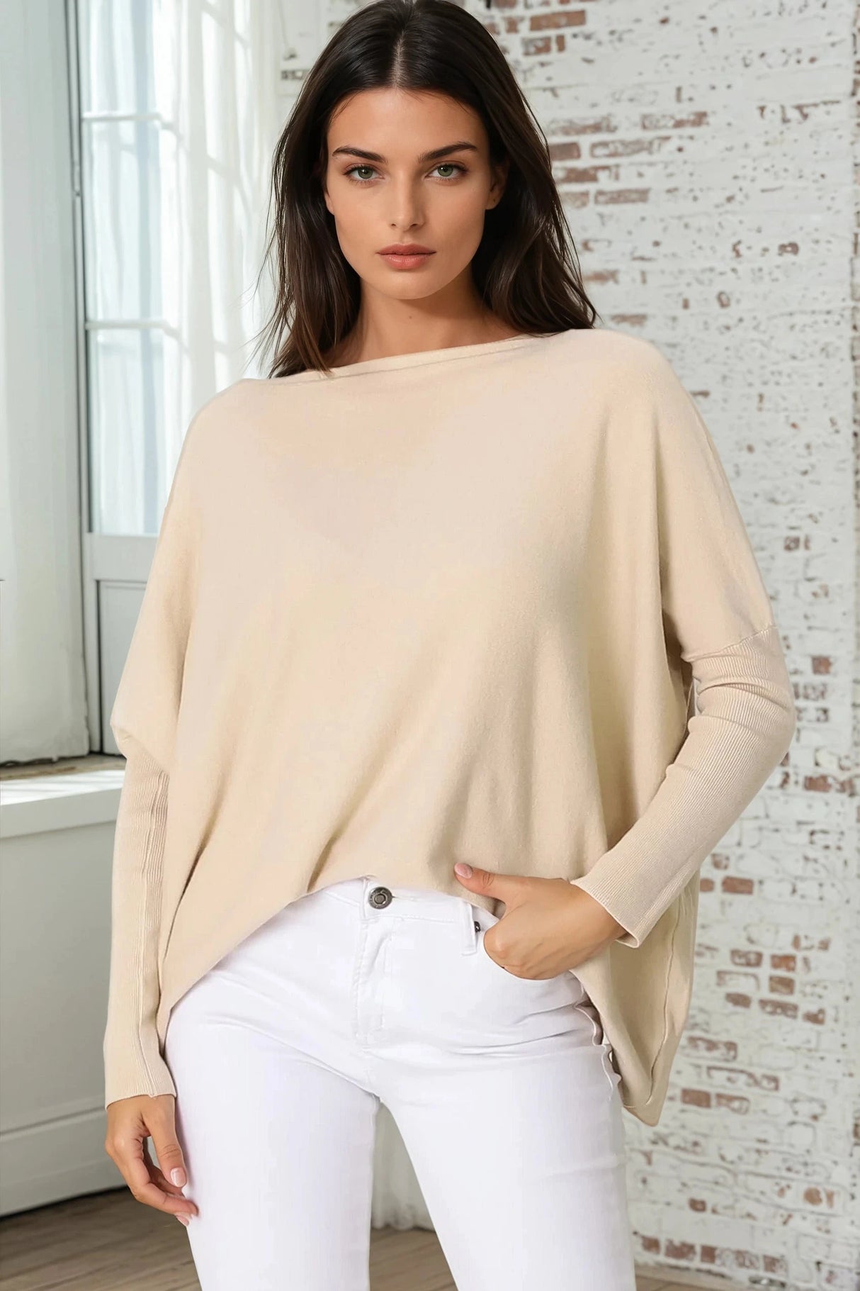 Belinda Knit Top - Boat Neckline Boxy Batwing Top in Sand