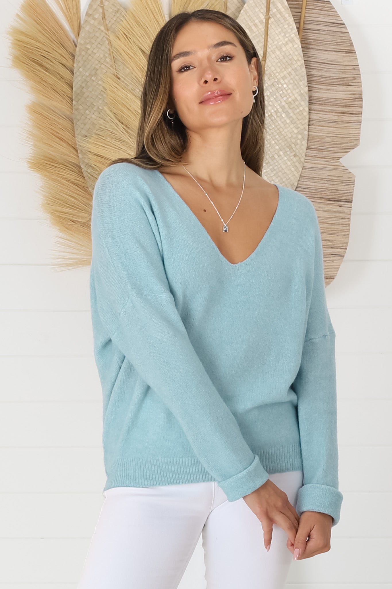 Carol Knit Top - Soft V Neck Batwing Sleeve Knit Top in Baby Blue