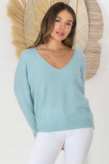 Carol Knit Top - Soft V Neck Batwing Sleeve Knit Top in Baby Blue