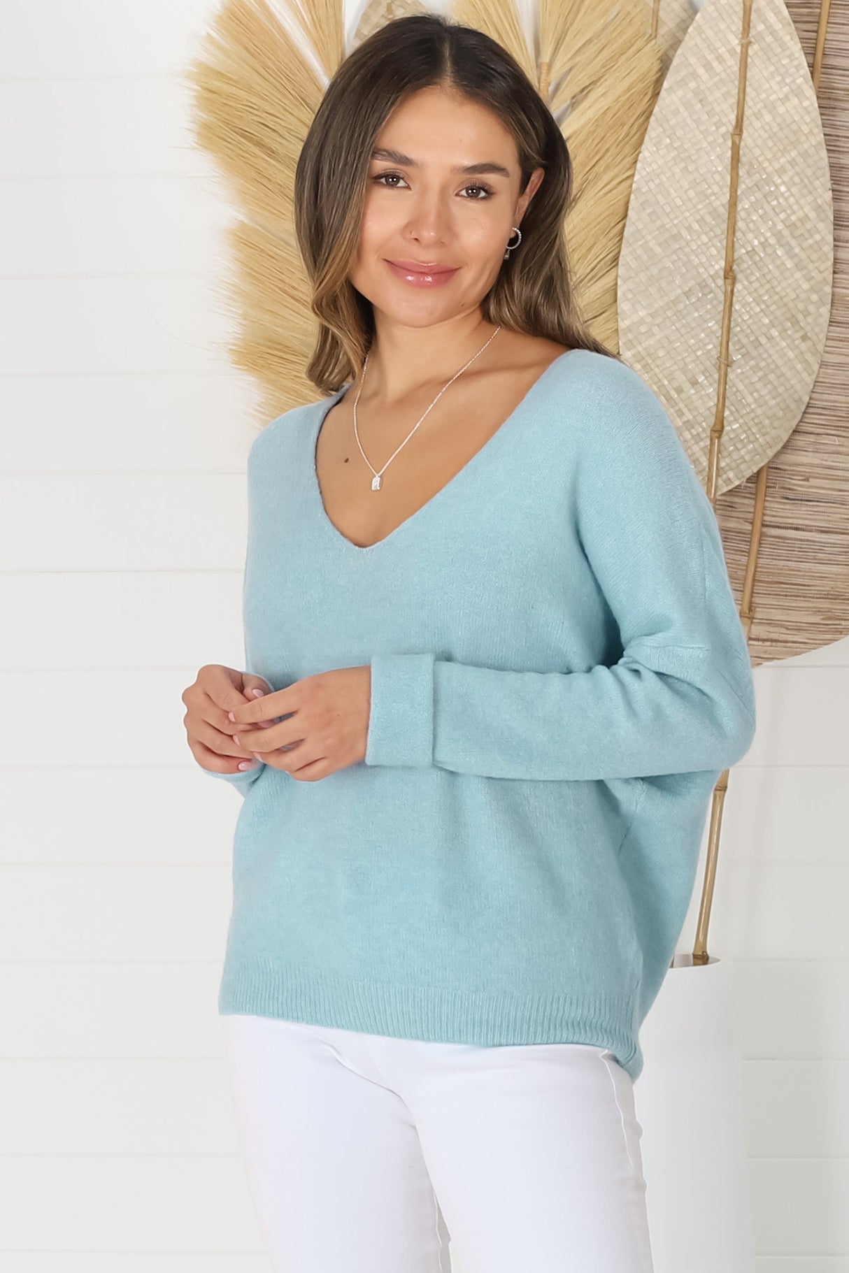 Carol Knit Top - Soft V Neck Batwing Sleeve Knit Top in Baby Blue