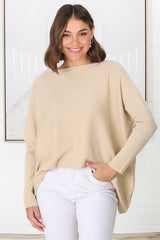 Belinda Knit Top - Boat Neckline Boxy Batwing Top in Sand