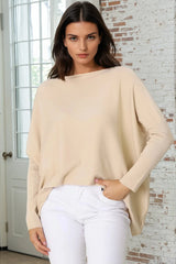 Belinda Knit Top - Boat Neckline Boxy Batwing Top in Sand