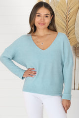 Carol Knit Top - Soft V Neck Batwing Sleeve Knit Top in Baby Blue