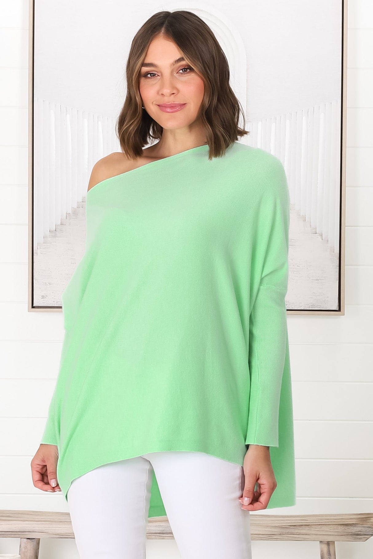 Belinda Knit Top - Boat Neckline Boxy Batwing Top in Light Green