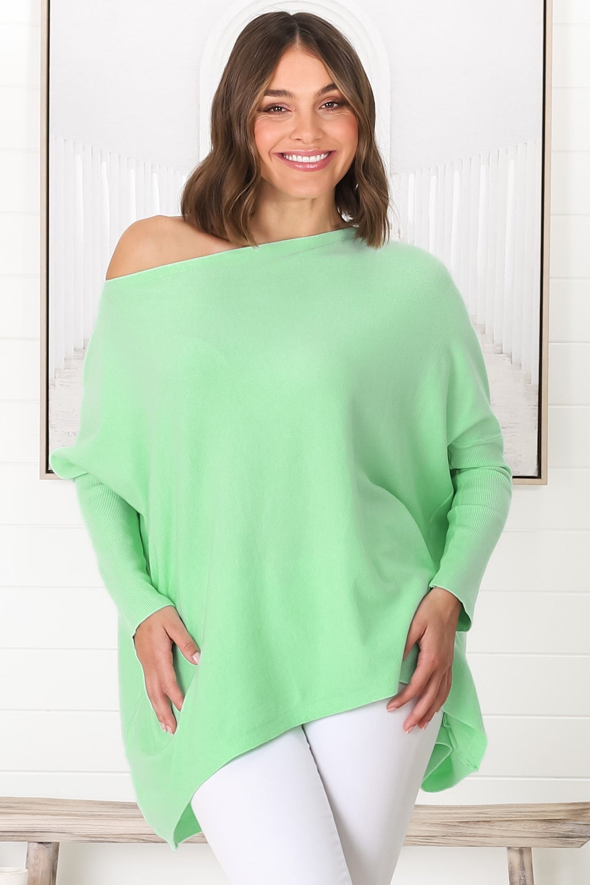 Belinda Knit Top - Boat Neckline Boxy Batwing Top in Light Green