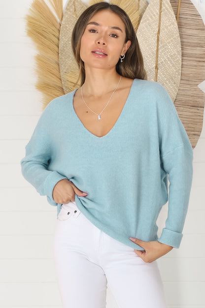 Carol Knit Top - Soft V Neck Batwing Sleeve Knit Top in Baby Blue