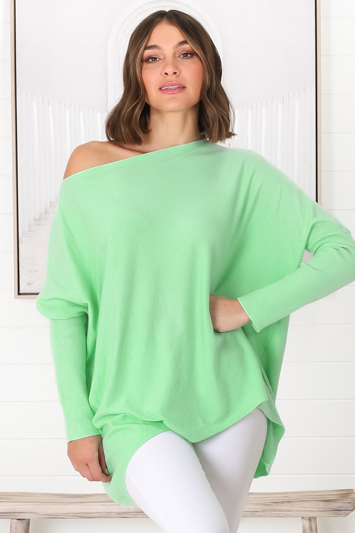 Belinda Knit Top - Boat Neckline Boxy Batwing Top in Light Green