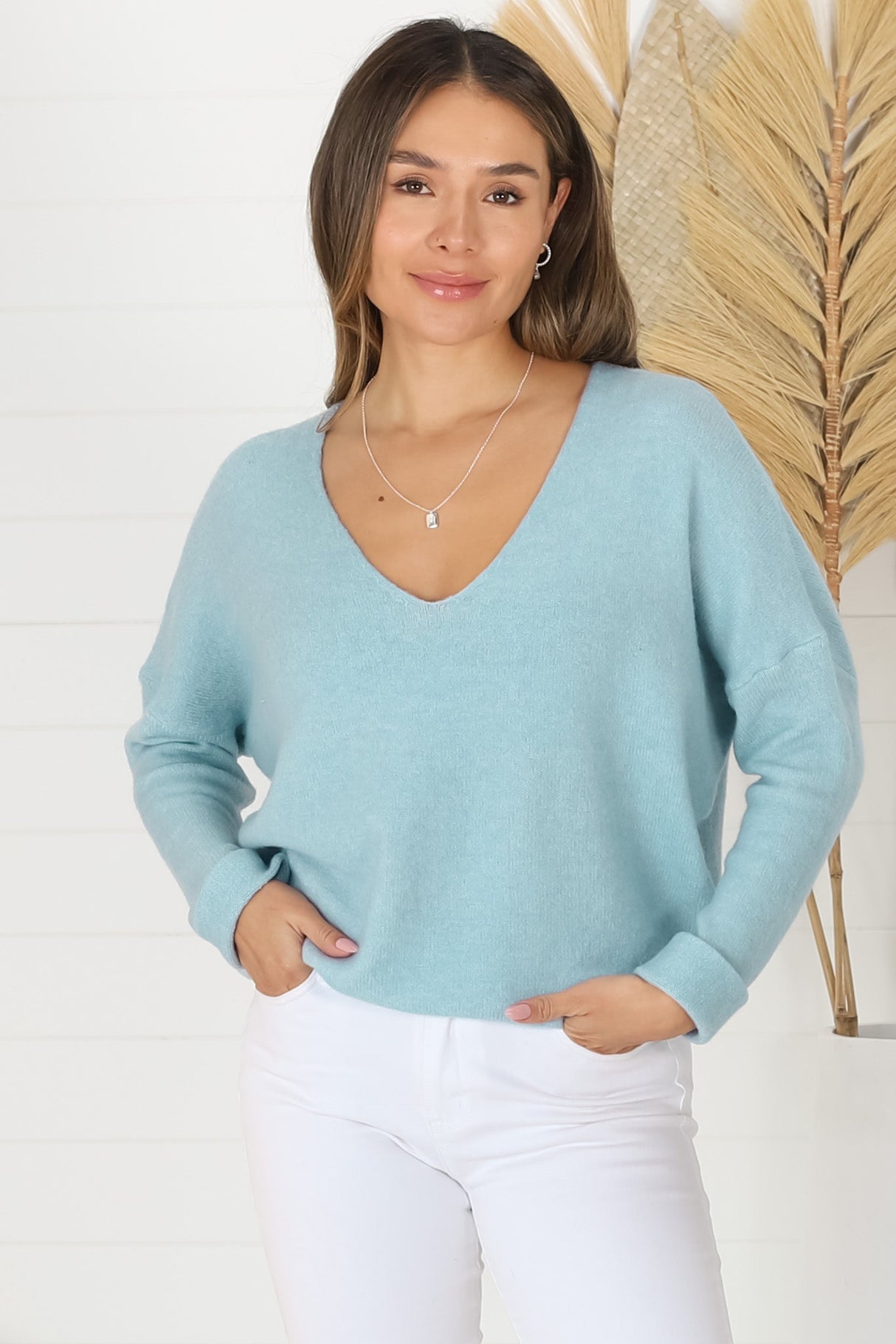 Carol Knit Top - Soft V Neck Batwing Sleeve Knit Top in Baby Blue
