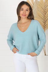 Carol Knit Top - Soft V Neck Batwing Sleeve Knit Top in Baby Blue