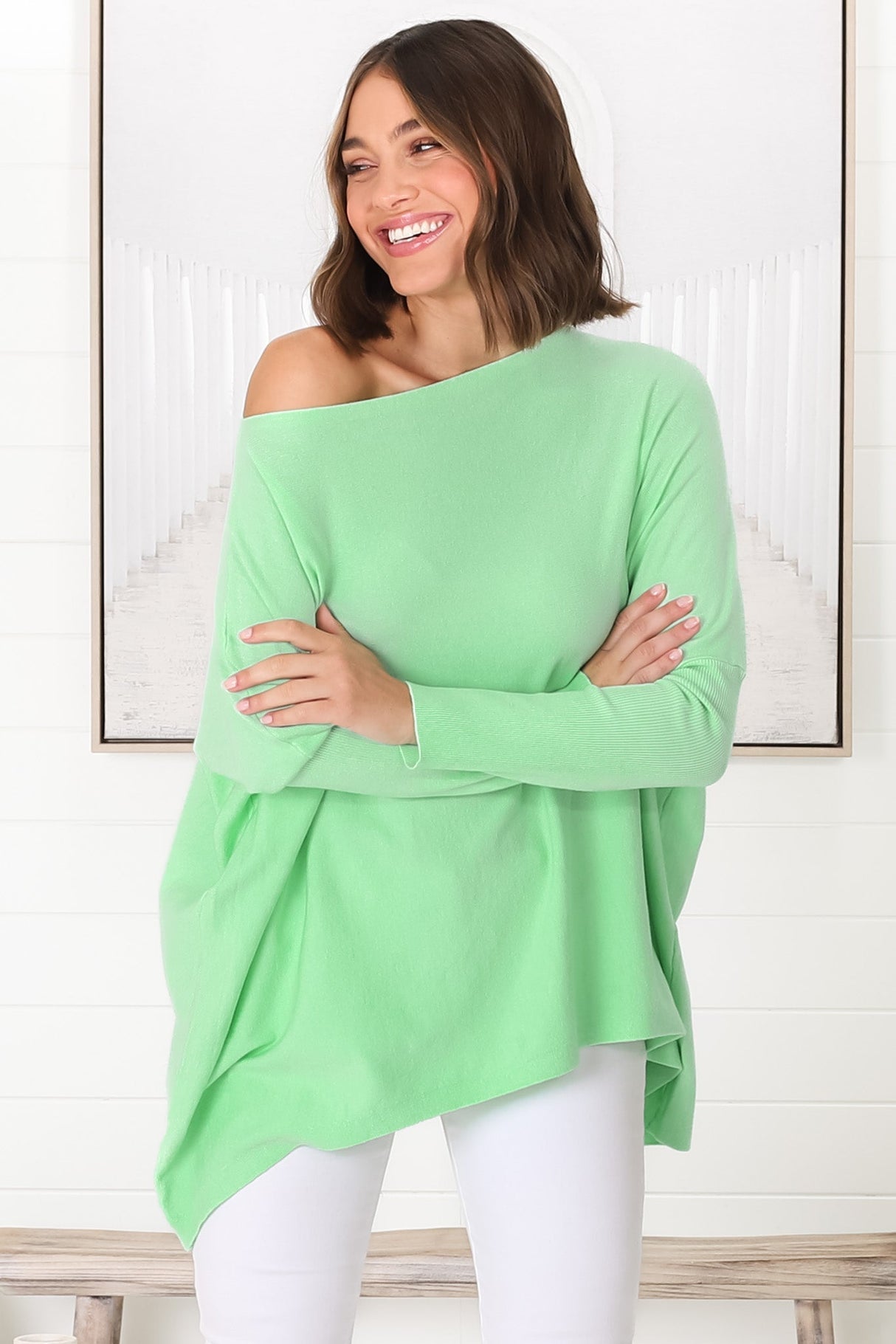 Belinda Knit Top - Boat Neckline Boxy Batwing Top in Light Green