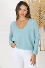 Carol Knit Top - Soft V Neck Batwing Sleeve Knit Top in Baby Blue