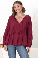 Alexia Top - V Neck Smock Top with Crochet Insert Details in Wine