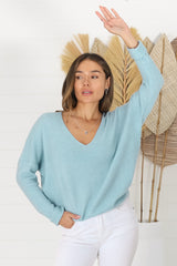 Carol Knit Top - Soft V Neck Batwing Sleeve Knit Top in Baby Blue