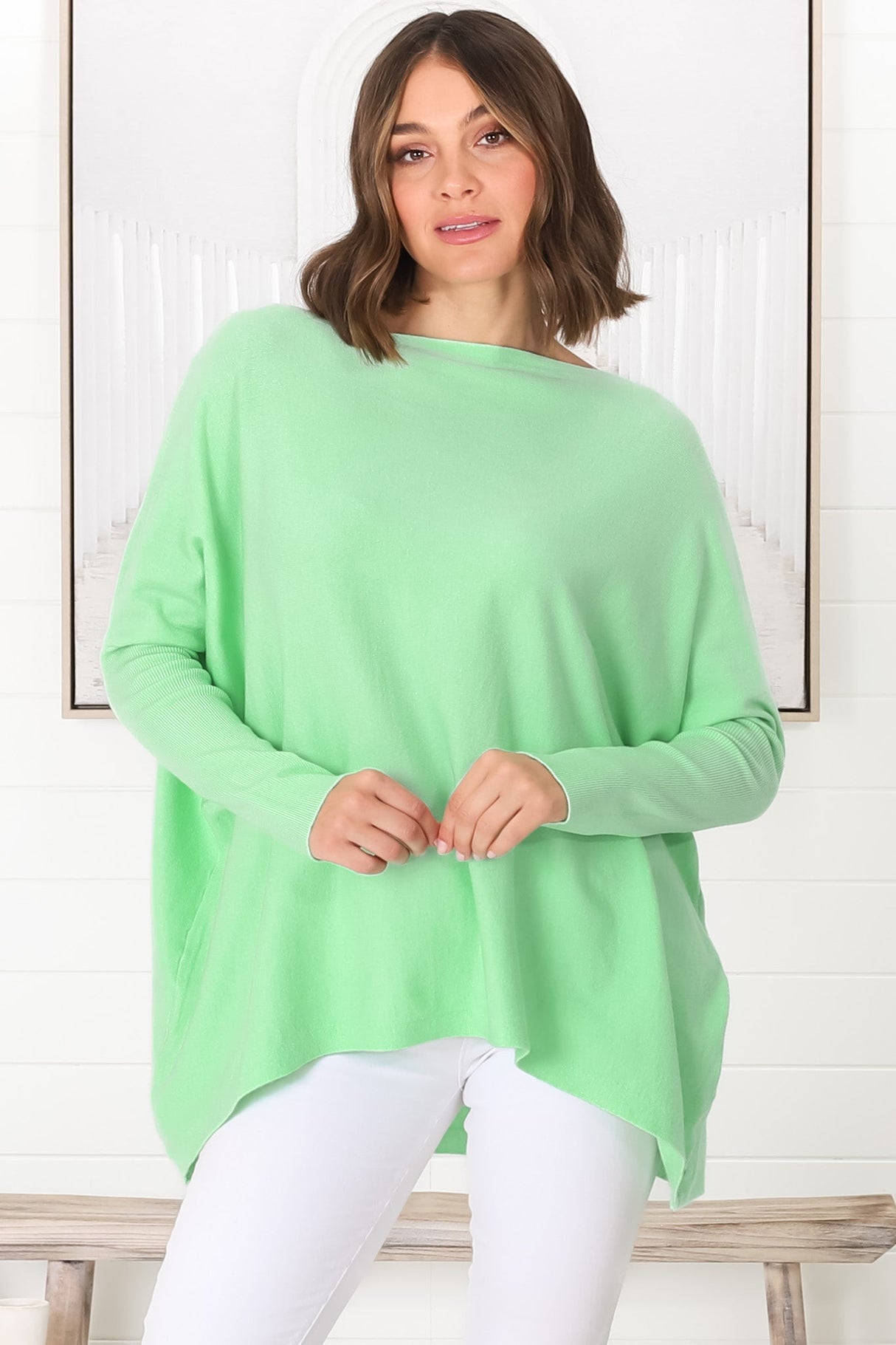 Belinda Knit Top - Boat Neckline Boxy Batwing Top in Light Green