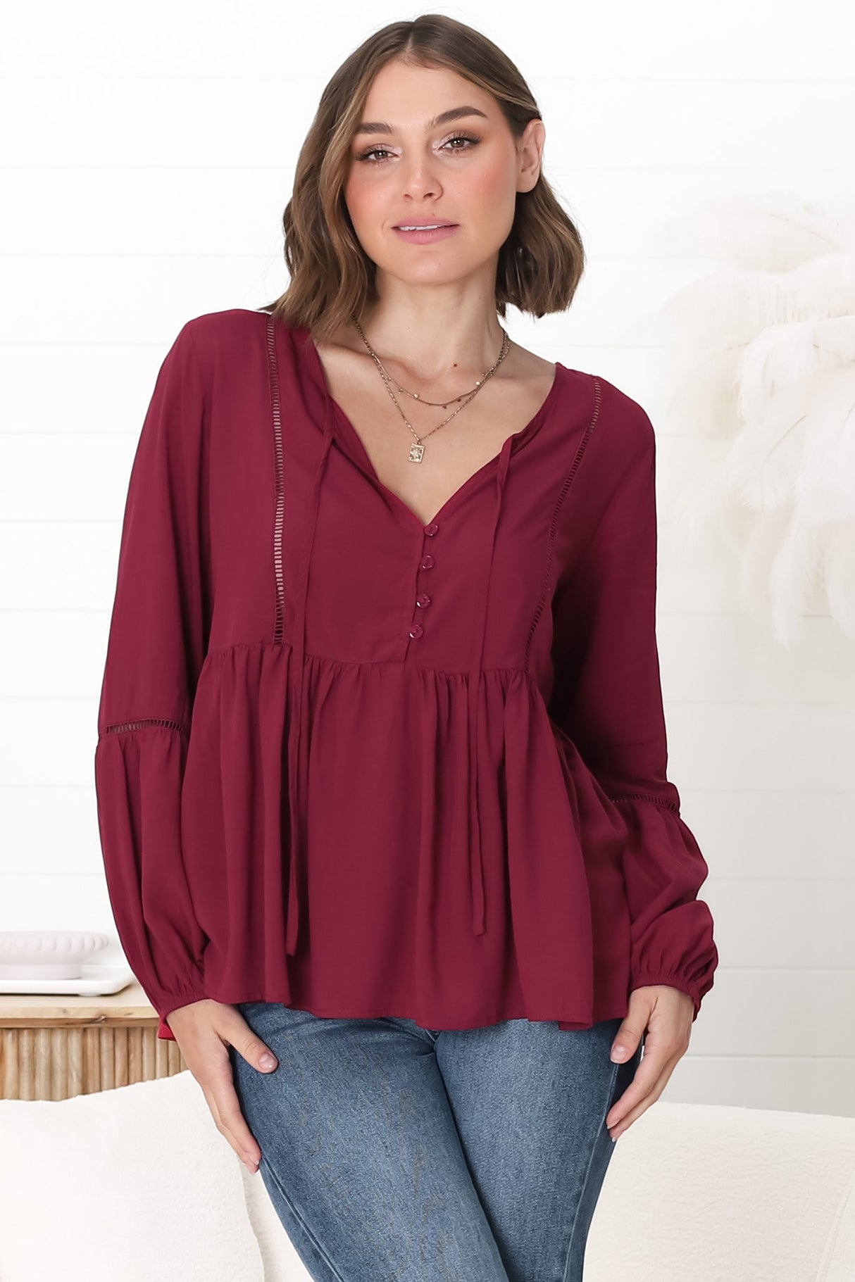 Alexia Top - V Neck Smock Top with Crochet Insert Details in Wine