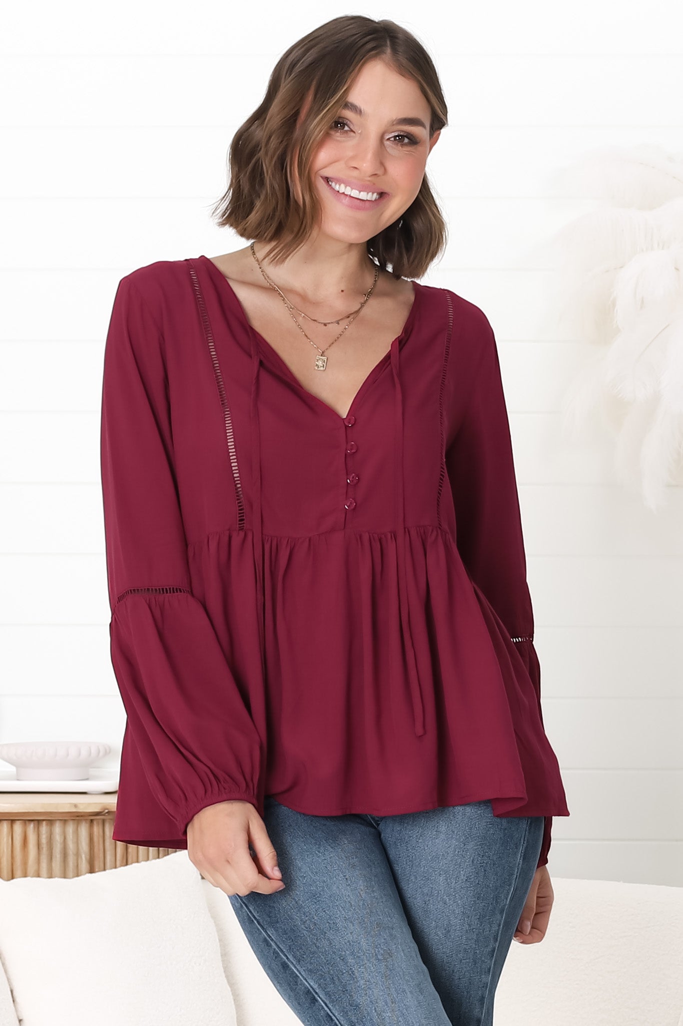Alexia Top - V Neck Smock Top with Crochet Insert Details in Wine