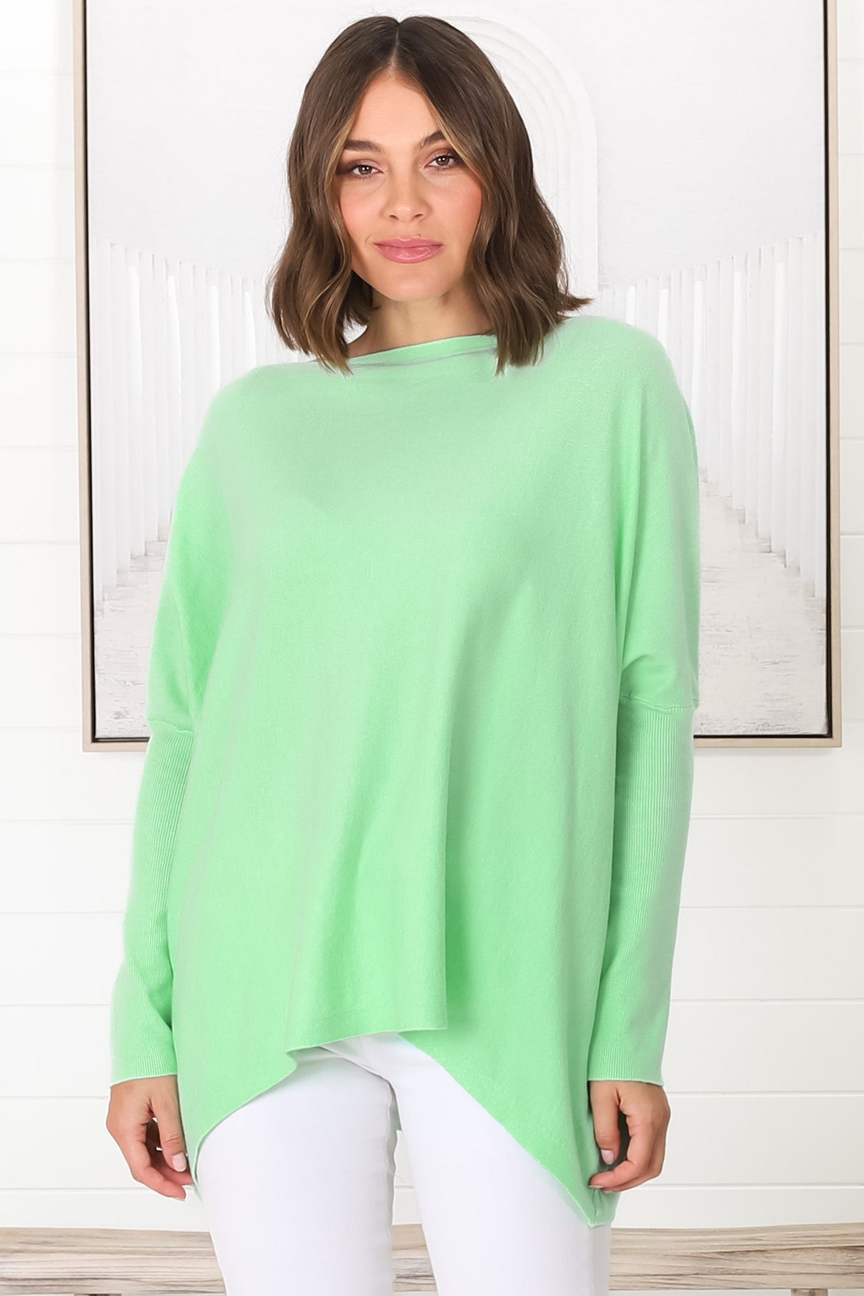 Belinda Knit Top - Boat Neckline Boxy Batwing Top in Light Green