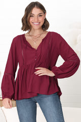 Alexia Top - V Neck Smock Top with Crochet Insert Details in Wine