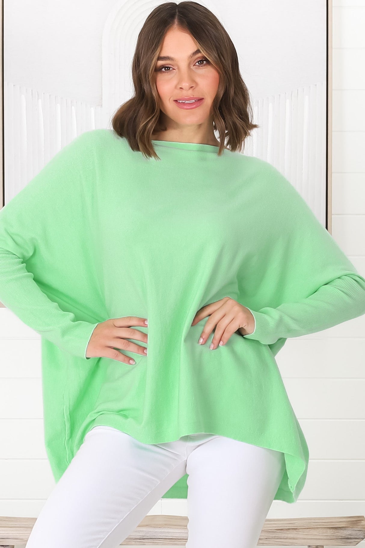 Belinda Knit Top - Boat Neckline Boxy Batwing Top in Light Green