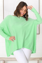 Belinda Knit Top - Boat Neckline Boxy Batwing Top in Light Green