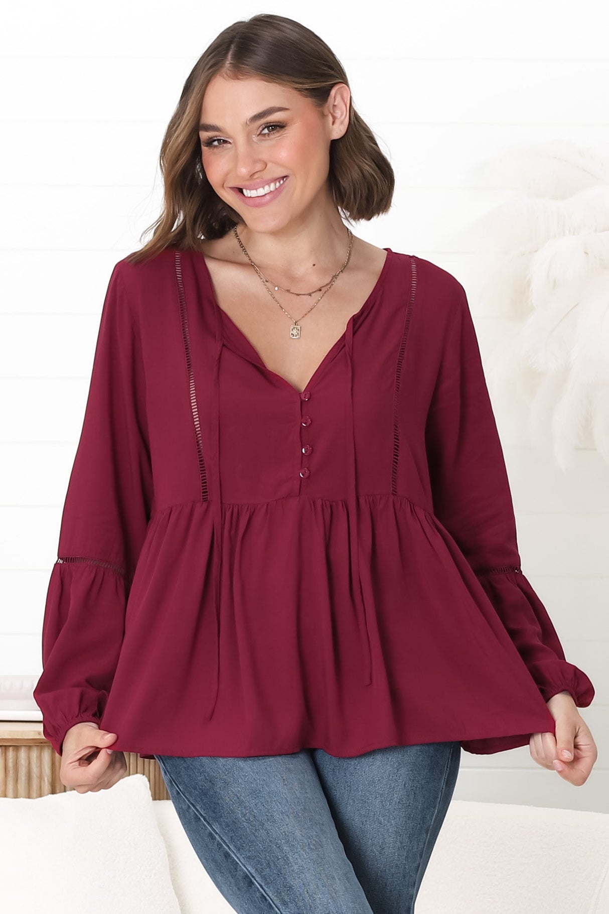 Alexia Top - V Neck Smock Top with Crochet Insert Details in Wine