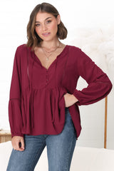 Alexia Top - V Neck Smock Top with Crochet Insert Details in Wine