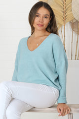 Carol Knit Top - Soft V Neck Batwing Sleeve Knit Top in Baby Blue