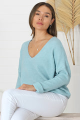 Carol Knit Top - Soft V Neck Batwing Sleeve Knit Top in Baby Blue