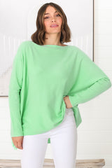 Belinda Knit Top - Boat Neckline Boxy Batwing Top in Light Green