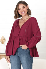 Alexia Top - V Neck Smock Top with Crochet Insert Details in Wine