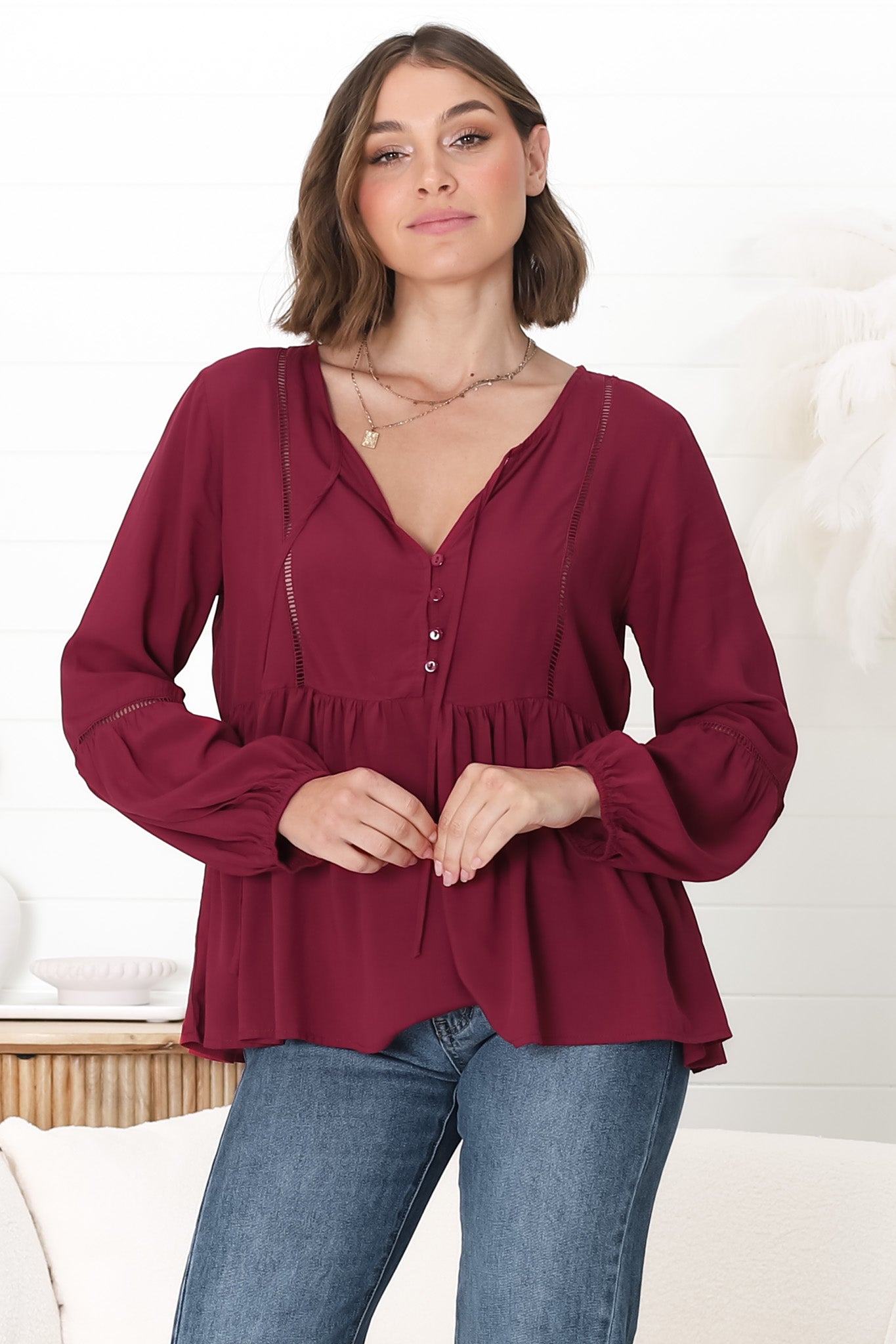 Alexia Top - V Neck Smock Top with Crochet Insert Details in Wine