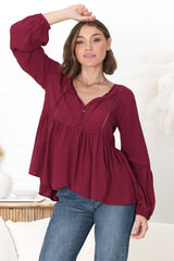 Alexia Top - V Neck Smock Top with Crochet Insert Details in Wine