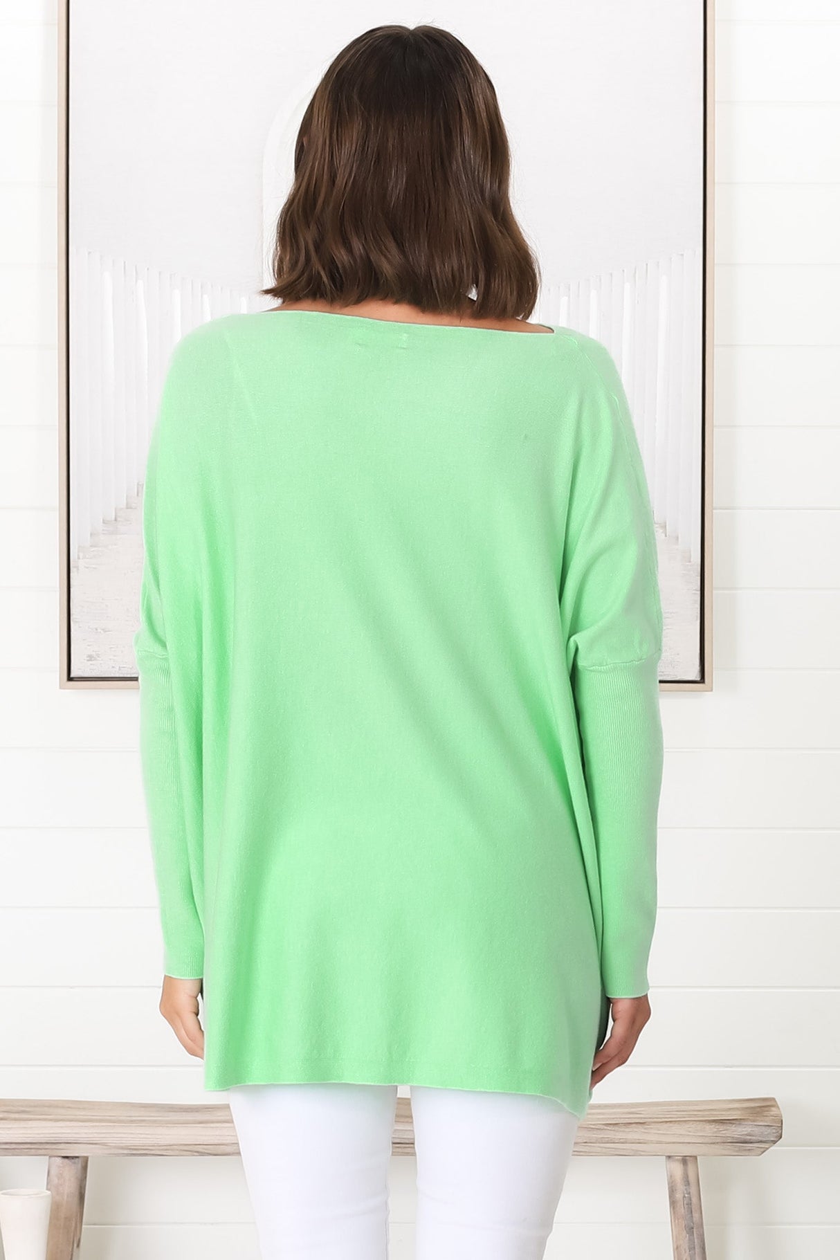 Belinda Knit Top - Boat Neckline Boxy Batwing Top in Light Green