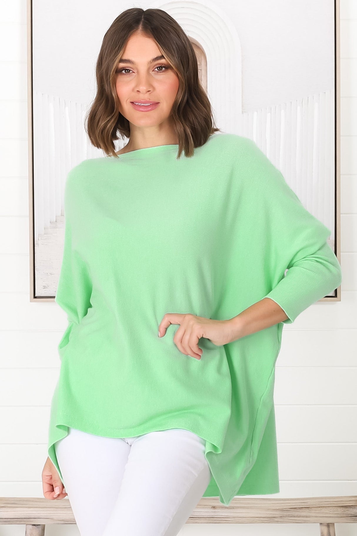 Belinda Knit Top - Boat Neckline Boxy Batwing Top in Light Green