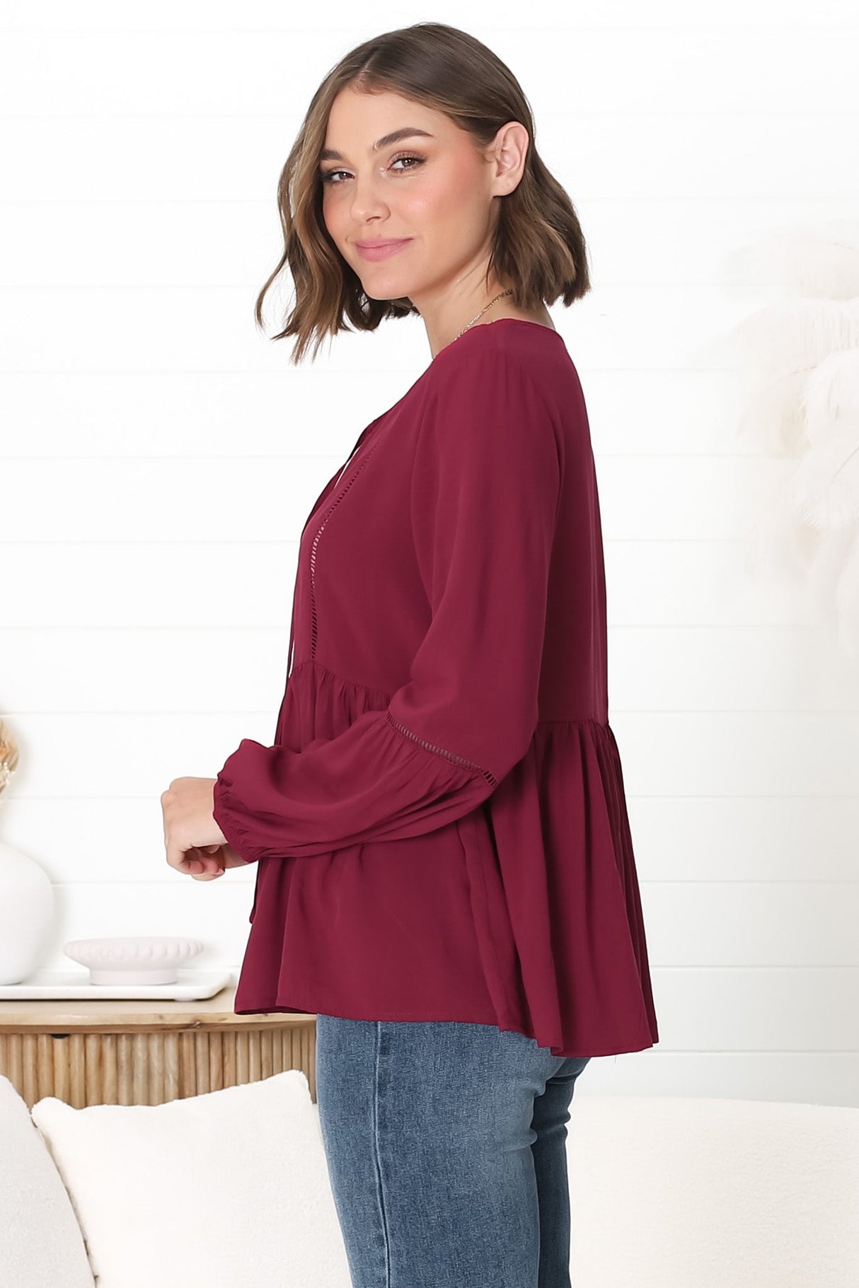 Alexia Top - V Neck Smock Top with Crochet Insert Details in Wine