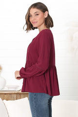 Alexia Top - V Neck Smock Top with Crochet Insert Details in Wine