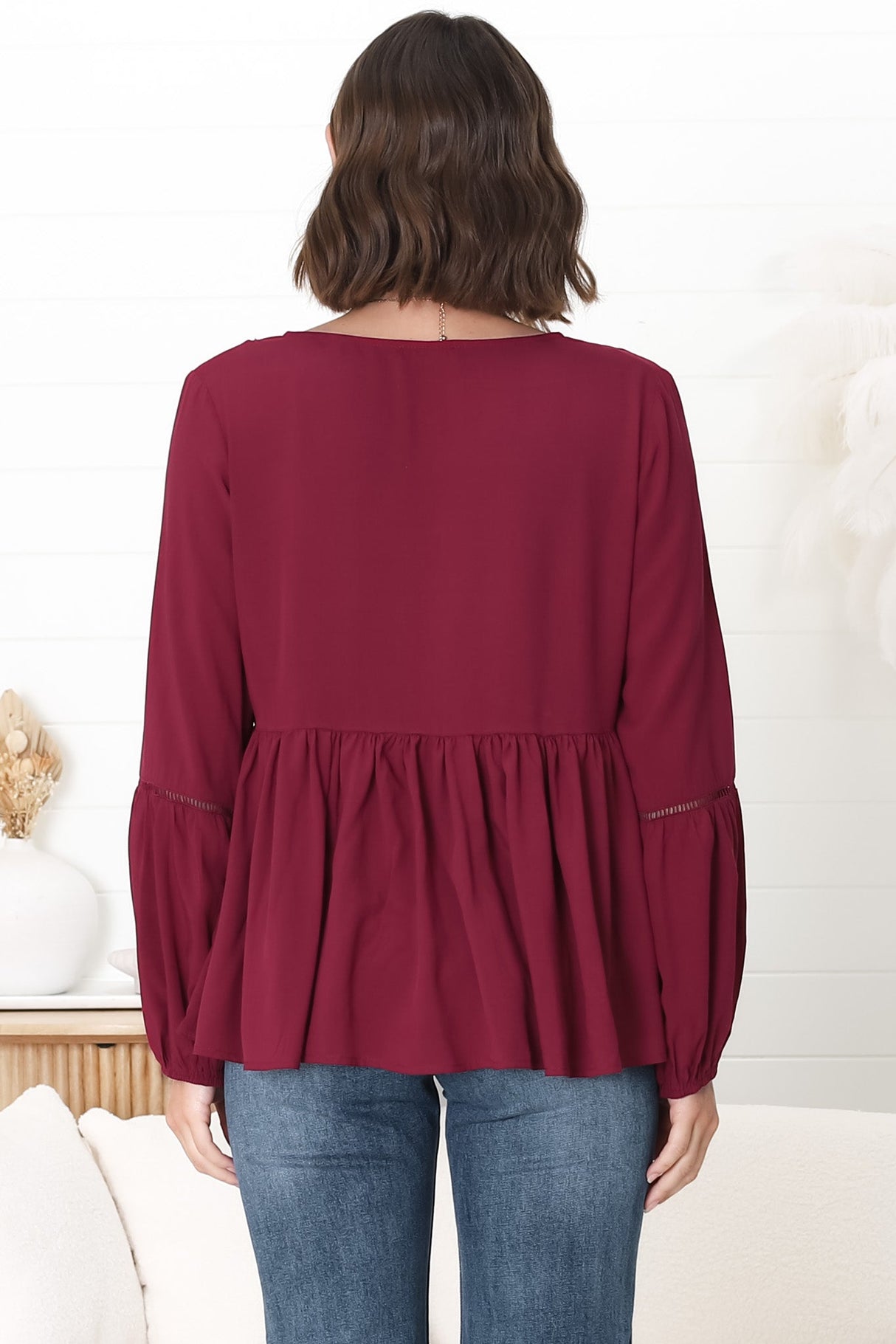 Alexia Top - V Neck Smock Top with Crochet Insert Details in Wine