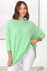 Belinda Knit Top - Boat Neckline Boxy Batwing Top in Light Green