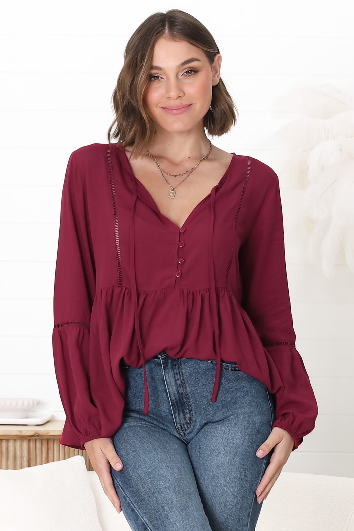 Alexia Top - V Neck Smock Top with Crochet Insert Details in Wine