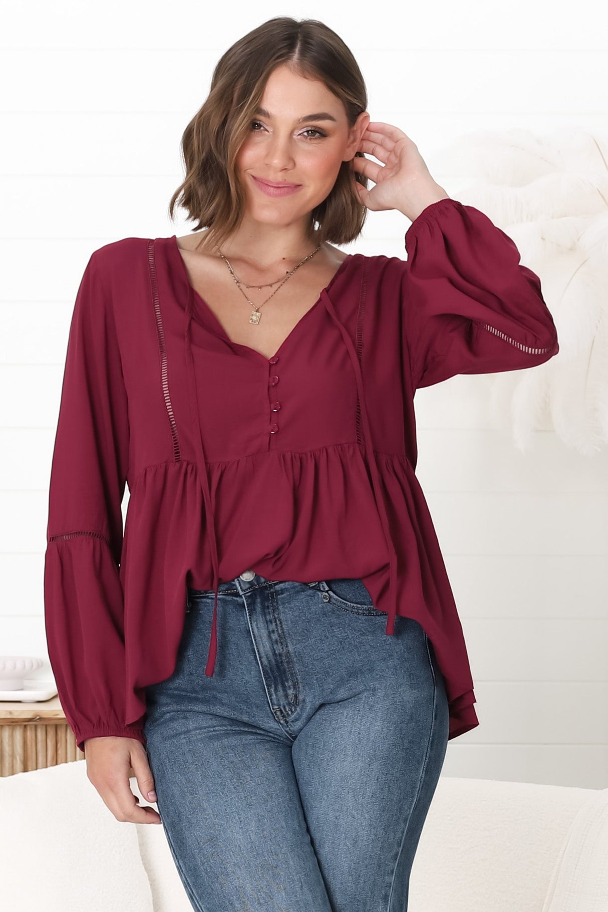 Alexia Top - V Neck Smock Top with Crochet Insert Details in Wine