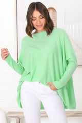 Belinda Knit Top - Boat Neckline Boxy Batwing Top in Light Green