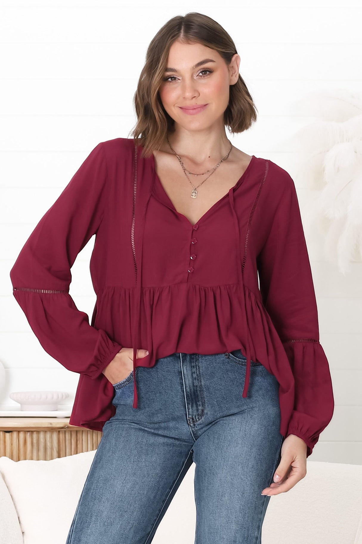 Alexia Top - V Neck Smock Top with Crochet Insert Details in Wine