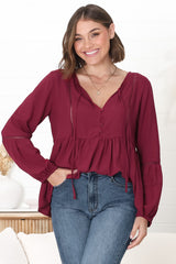 Alexia Top - V Neck Smock Top with Crochet Insert Details in Wine