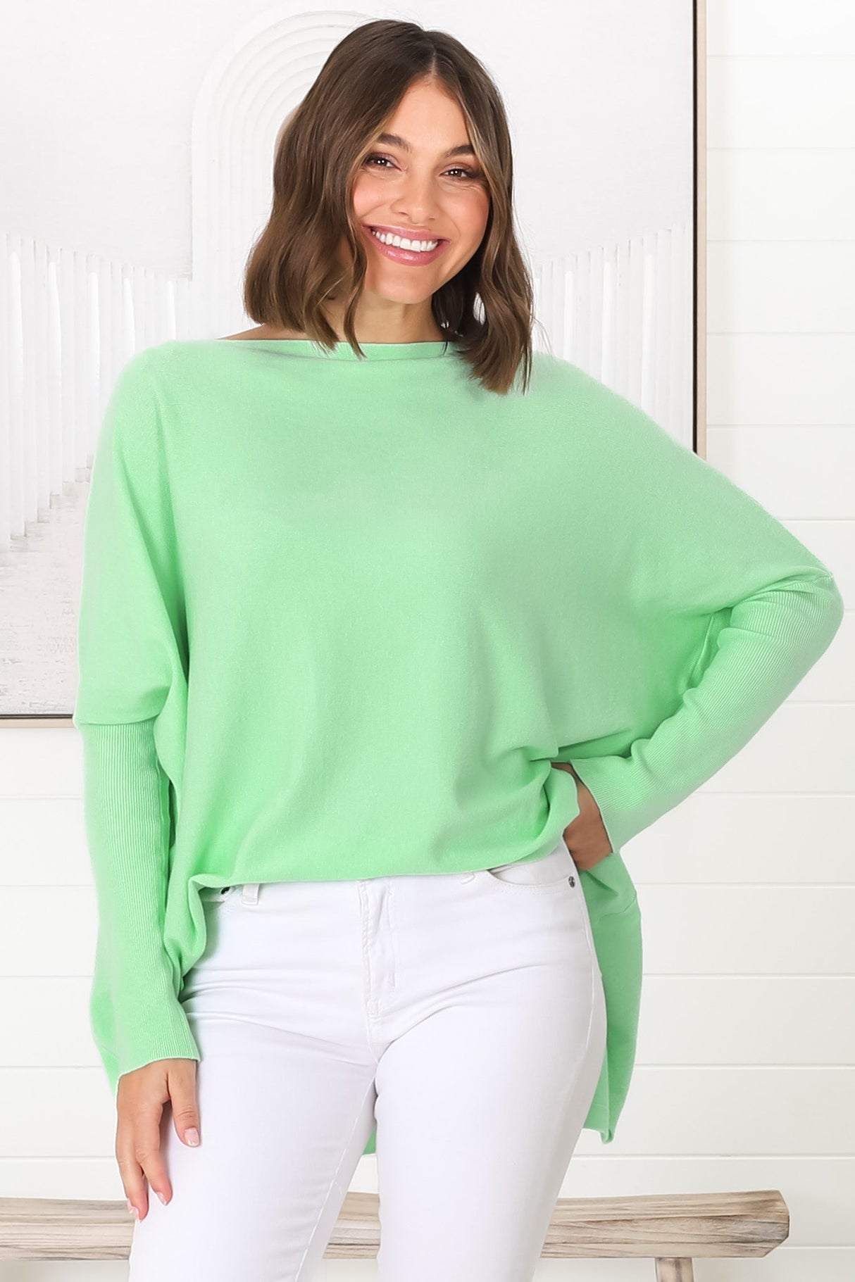 Belinda Knit Top - Boat Neckline Boxy Batwing Top in Light Green