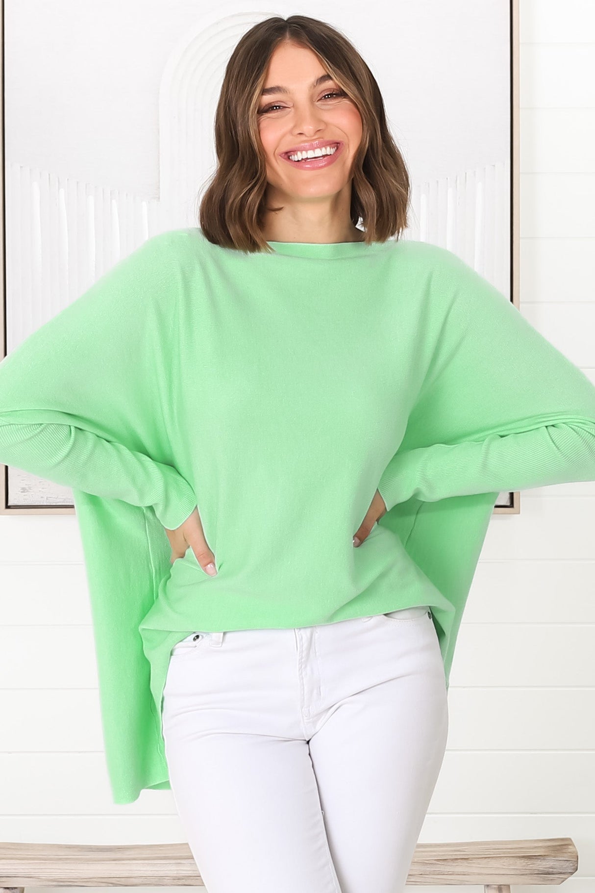 Belinda Knit Top - Boat Neckline Boxy Batwing Top in Light Green