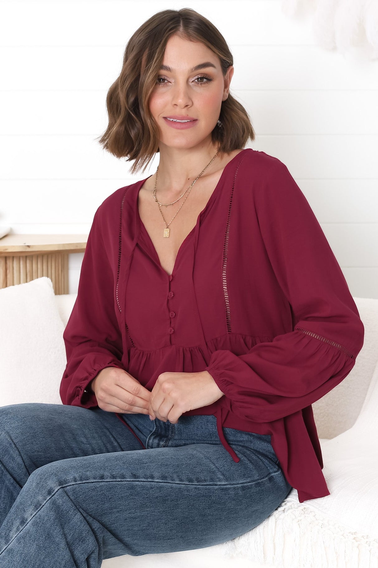 Alexia Top - V Neck Smock Top with Crochet Insert Details in Wine