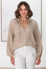 Sallie Blouse - V-Neckline Button Down Blouse in Retro Print