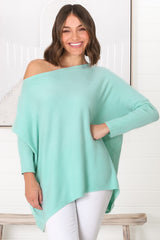 Belinda Knit Top - Boat Neckline Boxy Batwing Top in Light Blue