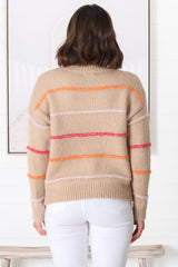 Fletcher Knit Jumper - Crew Neck Multi Colour Stripe Knit in Camel