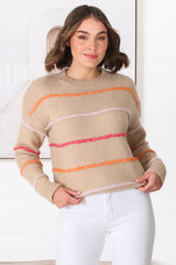 Fletcher Knit Jumper - Crew Neck Multi Colour Stripe Knit in Camel